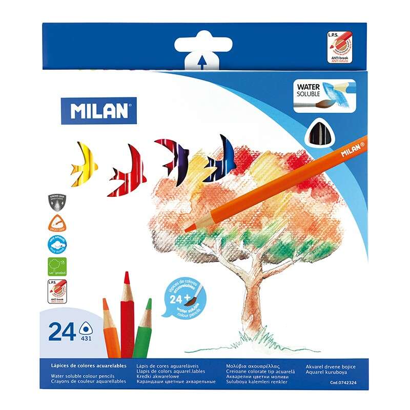 Conjunto Milan com 24 lápis de cor triangulares para aguarela + pincel - Mina de 2,9 mm - Traço uniforme - Durável
