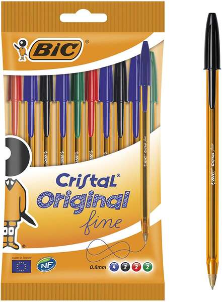 Bic Cristal Original Fine Boligrafos de Bola - Punta Redonda de 0.8mm - Trazo de 0.30mm