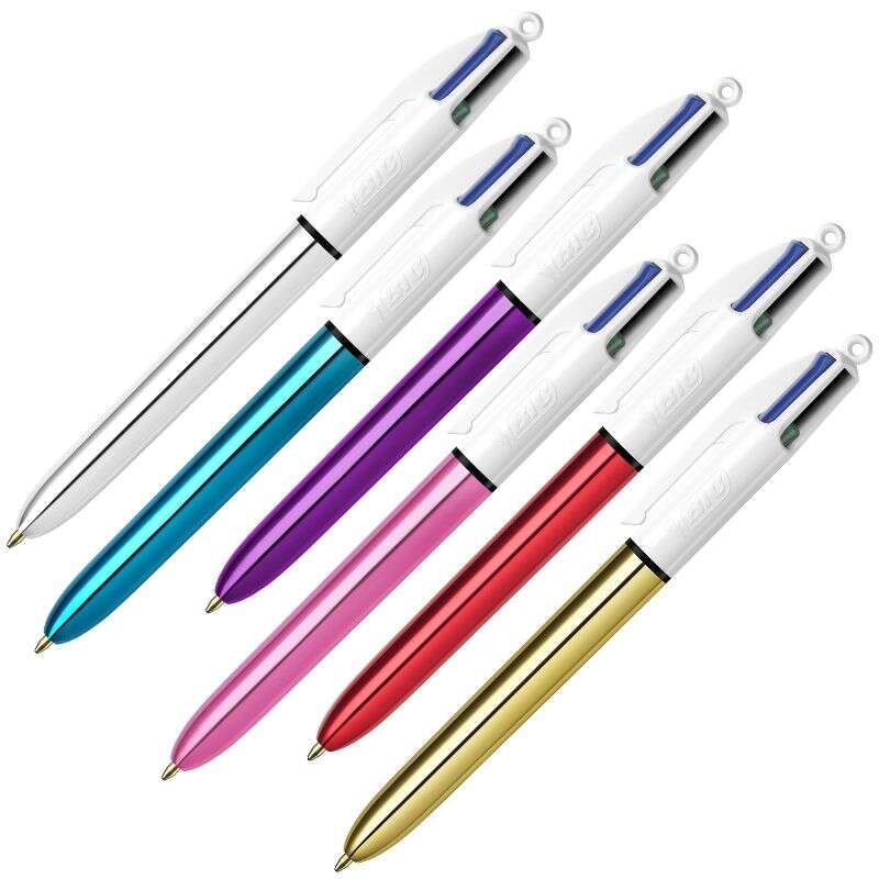 Stylo bille rétractable Bic Shine 4 couleurs - Pointe moyenne 1,0 mm - Encre à base d'huile