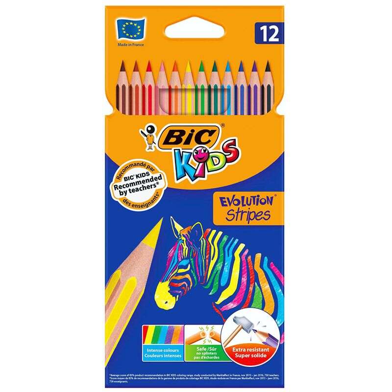 Boîte de 12 crayons de couleur assortis Bic Kids Evolution Stripes - En résine - Pointe ultra-fine