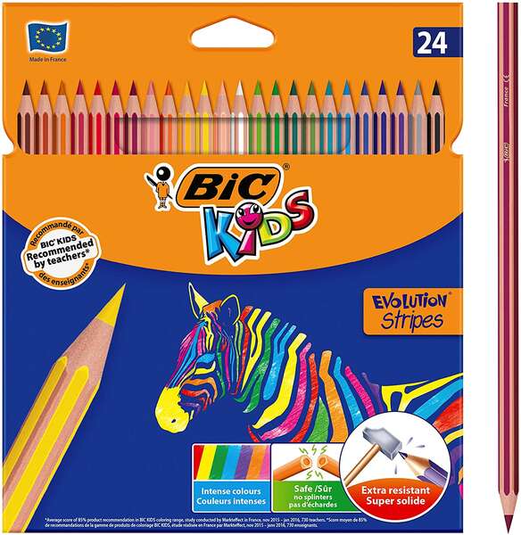 Caixa de 24 lápis de cor sortidos Bic Kids Evolution Stripes - Feitos em resina - Ponta ultra-superficial