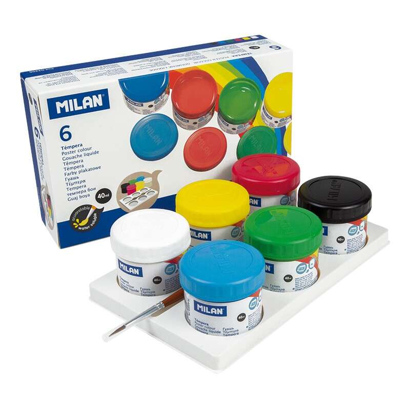 Milan Lot de 6 pots de peinture tempera 40 ml + 1 pinceau Série 101 - Séchage rapide - Miscible - Couleurs assorties