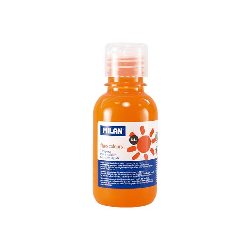 Flacon de peinture tempera Milan - 125 ml - Bouchon doseur - Séchage rapide - Miscible - Orange fluorescent