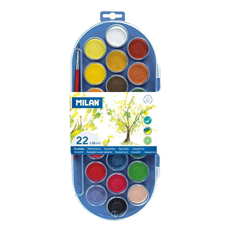 Milan 80022 Conjunto de 22 Aguarelas Ø30 mm + Pincel Série 101 - Misturáveis - Cores Sortidas