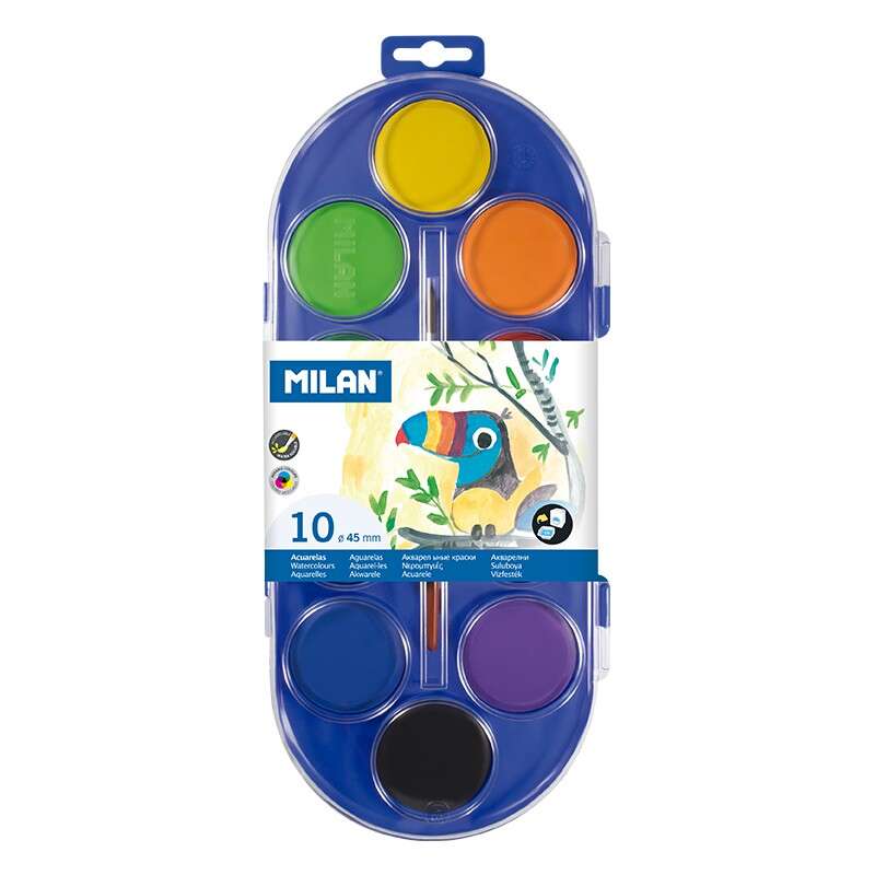 Milan 80009 Coffret de 10 aquarelles Ø45 mm + Pinceau Série 101 - Mélangeables - Couleurs assorties