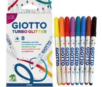 Lot de 8 marqueurs à paillettes Giotto Turbo - Pointe fine 2,8 mm - Encre à base d'eau - Lavable - Couleurs assorties