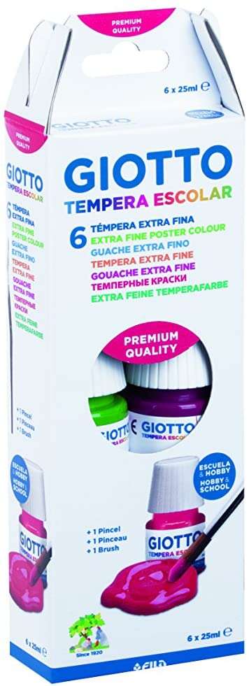 Peinture tempera Giotto, coffret de 6 pots de 25 ml + pinceau - À base d'eau - Excellente couvrance - Couleurs assorties