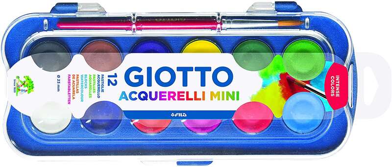 Giotto Lot de 12 mini aquarelles 23 mm - Couleurs lumineuses - Empêche la dispersion de l'eau