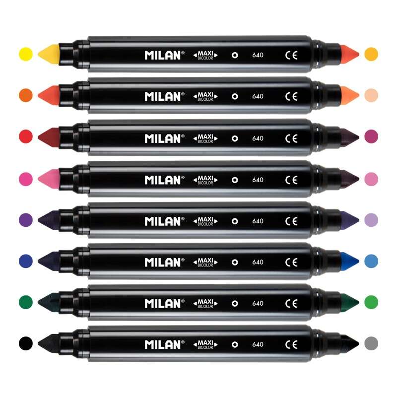 Lot de 8 feutres bicolores Milan Maxi à double pointe - Pointe conique 7,5 mm - Encre à base d'eau - Lavables