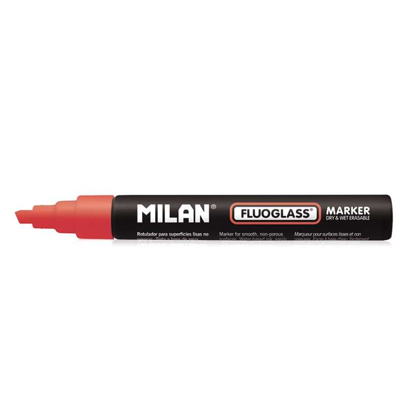 Marqueur Milan Fluoglass pour surfaces lisses (non poreuses) - Pointe biseautée - Largeur de trait : 2 à 4 mm - Encre