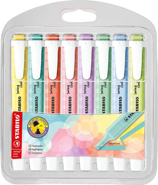 Stabilo Swing Cool Pastel Lot de 8 marqueurs fluorescents - Corps plat - Pointe biseautée - Trait
