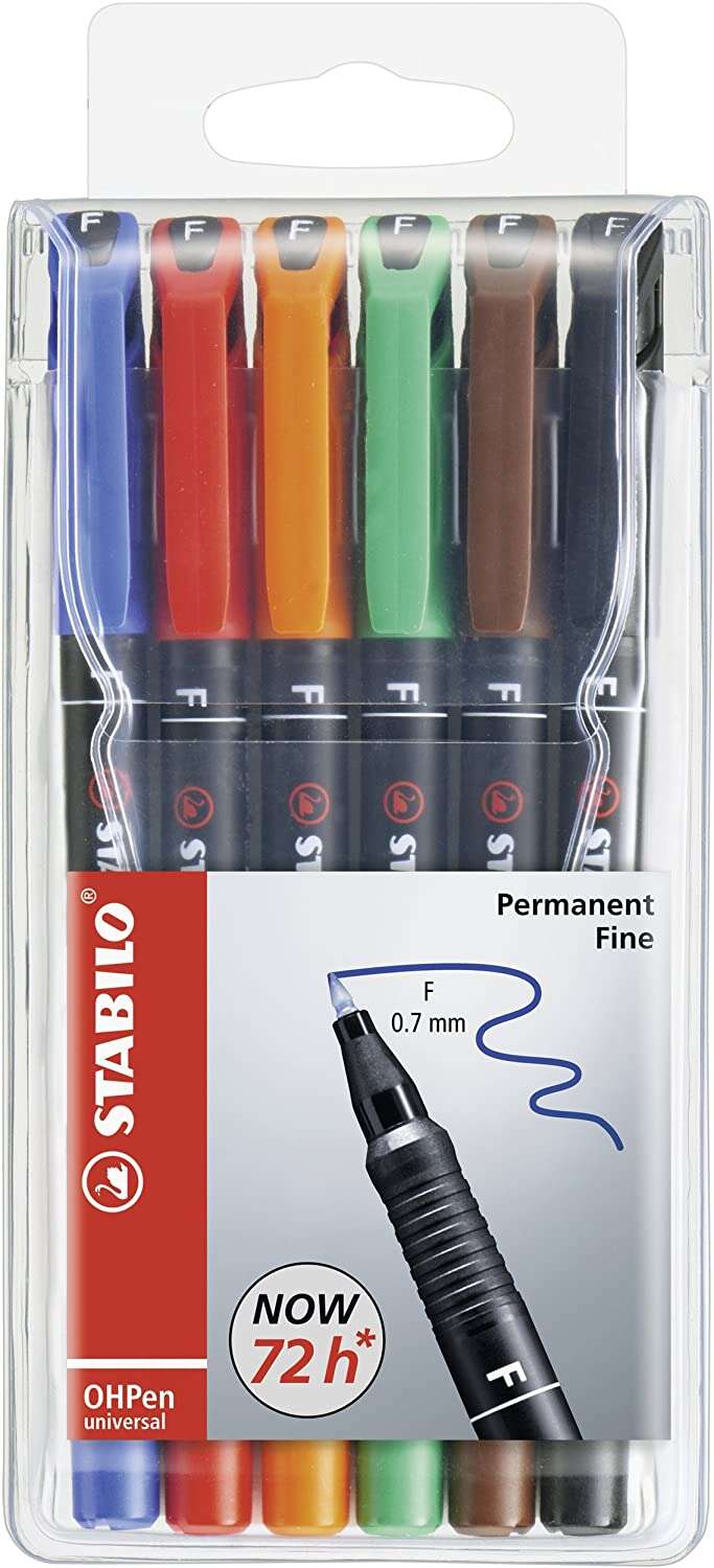 Conjunto de 6 Marcadores Permanentes Stabilo OHPen - Ponta Fina - Largura da Linha de 0,7 mm - Punho Antiderrapante
