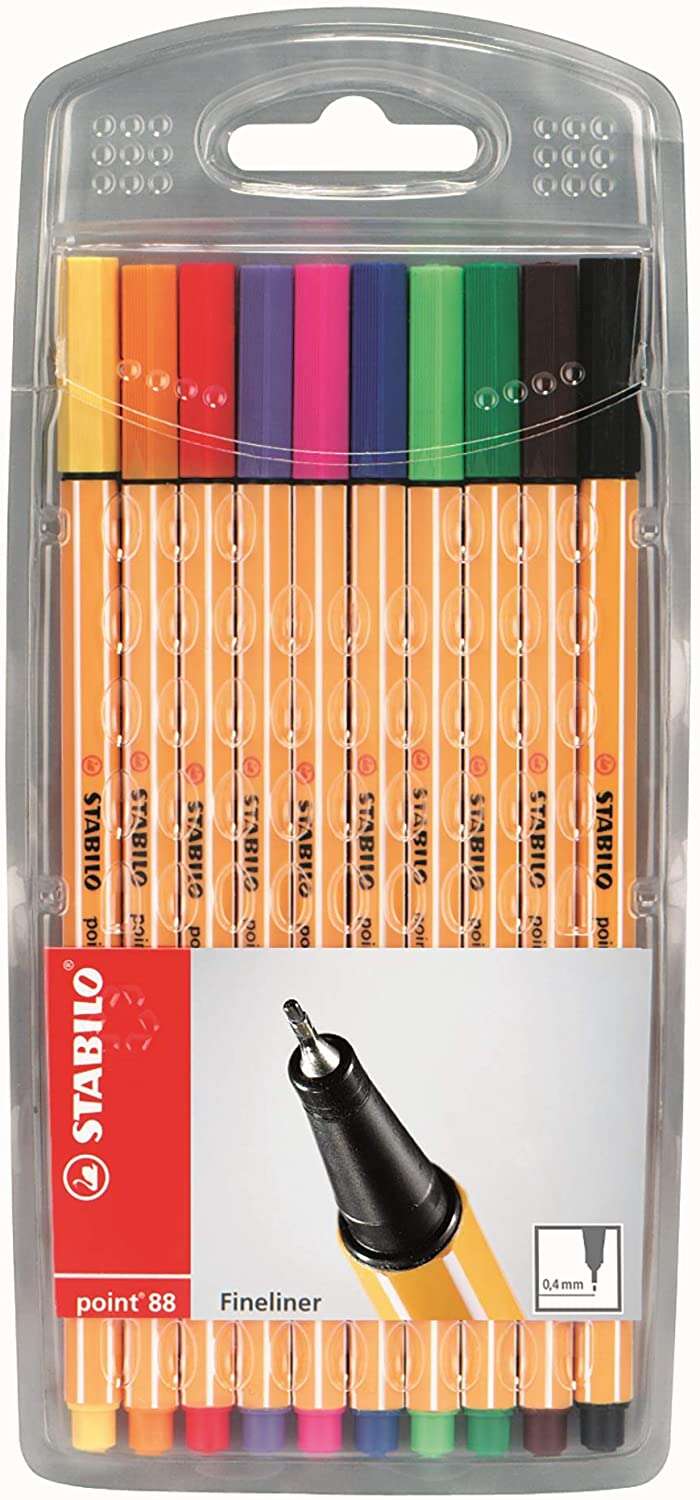 Stabilo Point 88, lot de 10 stylos-feutres à pointe fine (0,4 mm), encre avec base.