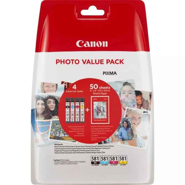 Canon CLI581 Pack de 4 Cartuchos de Tinta Originales - 50 Hojas de Papel Fotografico - 2106C005/2106C006 - Prinkweb