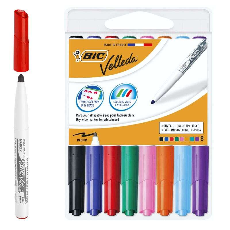 Marcadores para quadro branco Bic Velleda 1741, embalagem de 8 unidades - Ponta média - Espessura da linha de 1,4 mm - Apagamento ideal