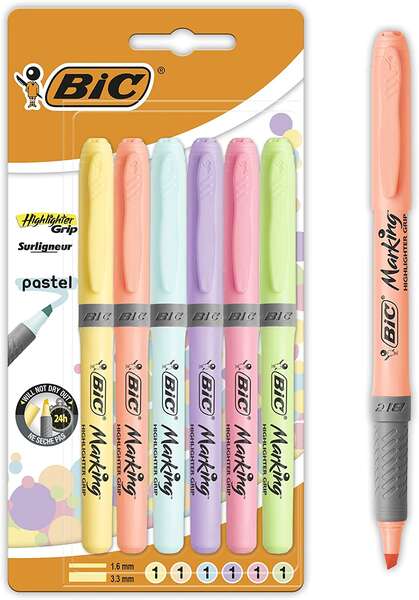 Bic Highlighter Grip Marcadores Fluorescentes Pastel - Tinta con Base de Agua - Punta Bise