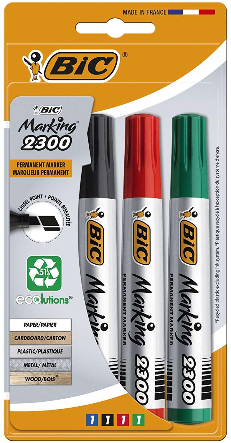 Bic Marking 2300 Ecolutions, lot de 4 marqueurs permanents - Pointe biseautée - Encre à base de A
