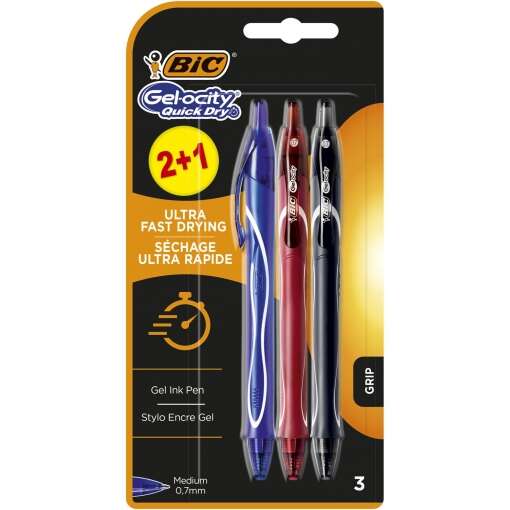 Lot de 3 stylos rétractables Bic Gel-Ocity Quick Dry 2+1 - Grip en caoutchouc - Pointe moyenne 0,7 mm