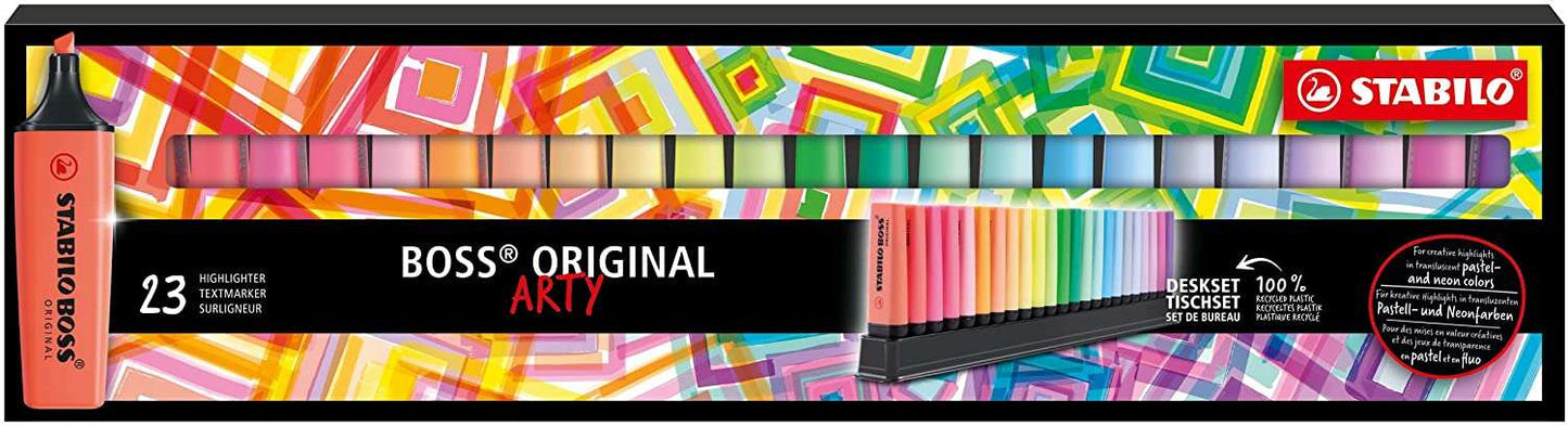Lot de 23 marqueurs fluorescents Stabilo Boss Arty Line - Largeur de trait de 2 à 5 mm - Rechargeables - Encre
