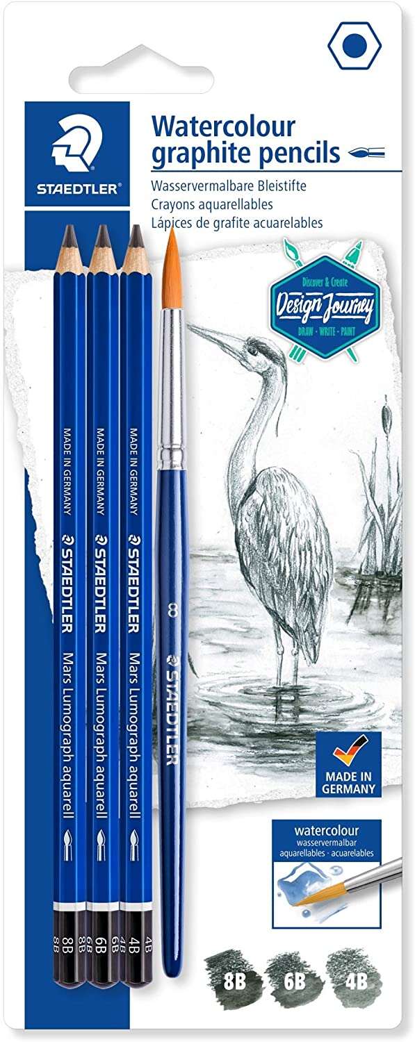 Staedtler Mars Lumograph Aquarell 100A - Embalagem de 3 Lápis de Grafite + Pincel - Resistente a Marcadores
