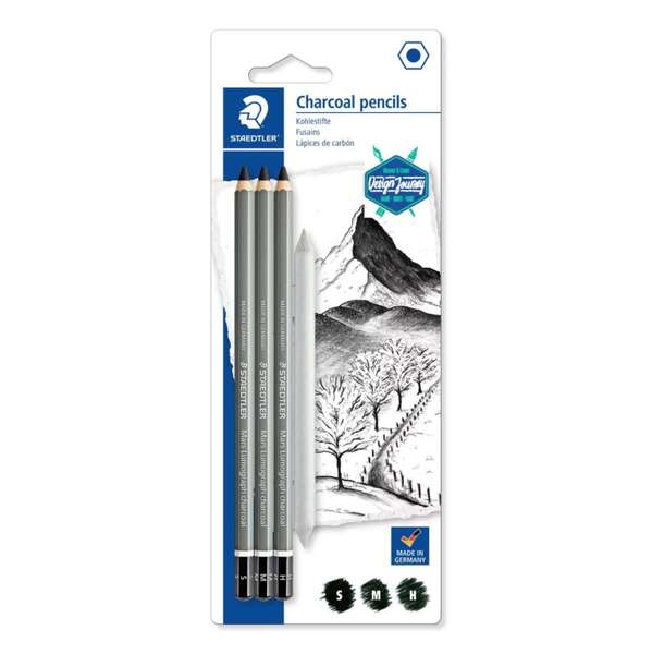 Staedtler Mars Lumograph Charcoal 100C, lot de 3 crayons graphite + estompe - Forte proportion de carbone et de fusain - Grains assortis
