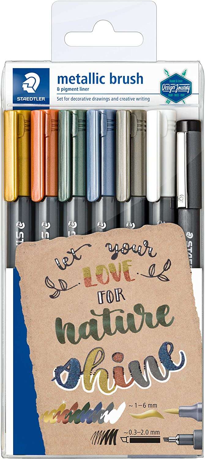 Lot de 7 feutres à pointe pinceau Staedtler Metallic Brush - Encre à base d'eau - Largeur de trait : 1 à 6 mm
