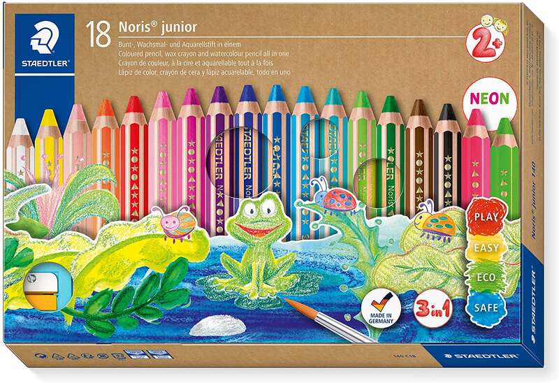 Staedtler Noris Junior Lapices de Colores Extragruesos + Sacapuntas - 3 en 1, Lapiz, Cera y Acuarelable - Colores Surtidos