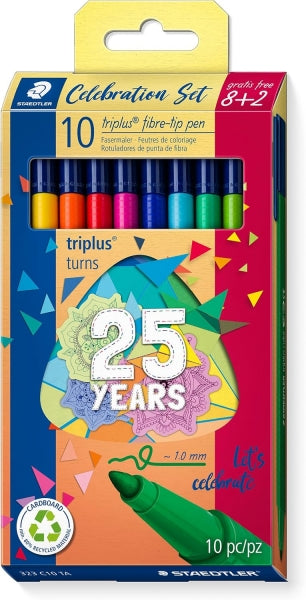 Lot de 10 feutres Staedtler Triplus Color 323 - Largeur de trait : env. 1 mm - Encre anti-dessèchement - Bouchon en forme de V