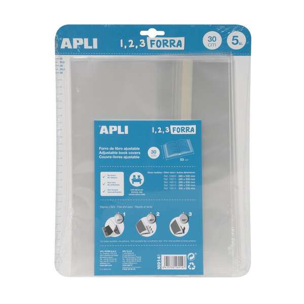 Apli Pack 5 unidades Forros de Libro con Solapa Ajustable 300 mm - PP - Forra en 3 Pasos - Prinkweb