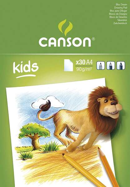 Bloc de dessin Canson Kids, collé, 30 feuilles, format A4 (21 x 29,7 cm), 90 g/m², blanc