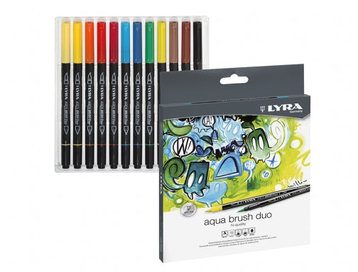 Conjunto de 12 Marcadores de Ponta Dupla Lyra Aqua Brush Duo - Ponta de Pincel de 4mm, Ponta Fina de 2mm - Tinta Azul-Turquesa