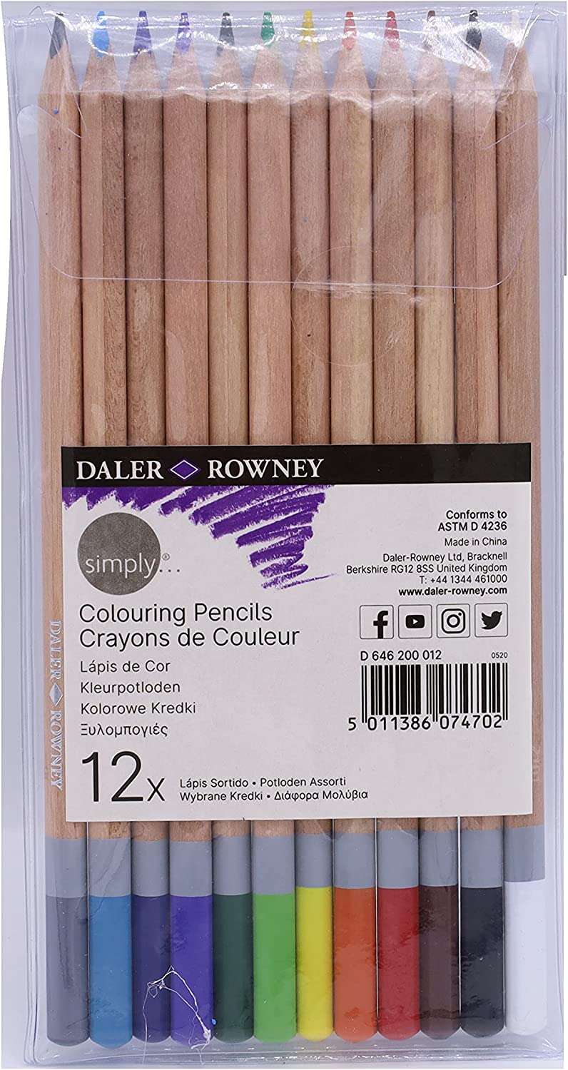 Daler Rowney Simply - Pack de 12 Lápis de Cor Redondos - Fáceis de Apontar - Para Estudantes e Utilizadores