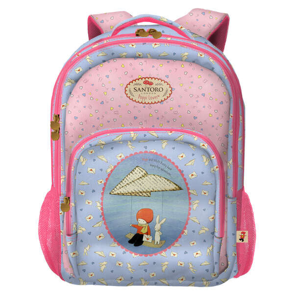 Mochila Escolar Grande Dohe Santoro Poppi Loves Messenger - 3 Compartimentos - Bolsos Laterais - Alças de Ombro Acolchoadas e Ajustáveis - Alça Superior - Compatível com Carrinho de Viagem