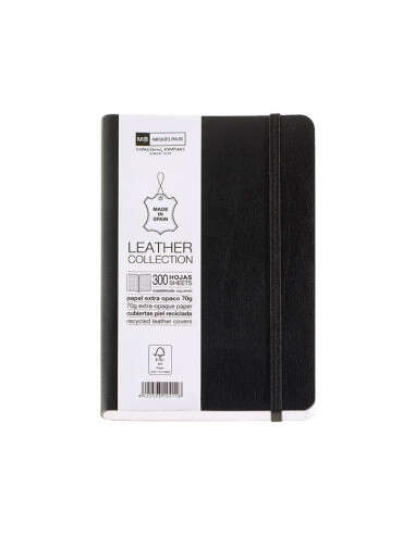 Miquel Rius Leather 1839 Cuaderno Flexible 8º 300 Hojas con Indice - Cubiertas de Piel Reciclada - Cuadricula 5x5mm - Cierre con Goma Elastica - Color Negro - Prinkweb