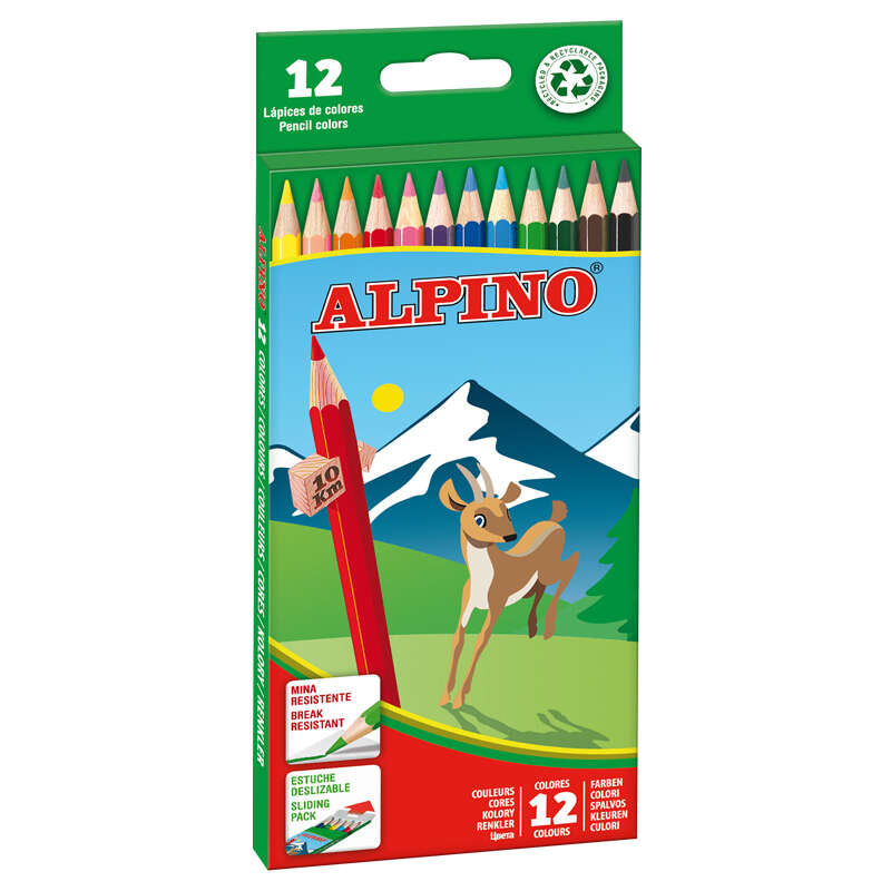 Alpino Lot de 12 crayons de couleur hexagonaux - Mine de 3 mm - Résistants à la casse - Plateau supplémentaire