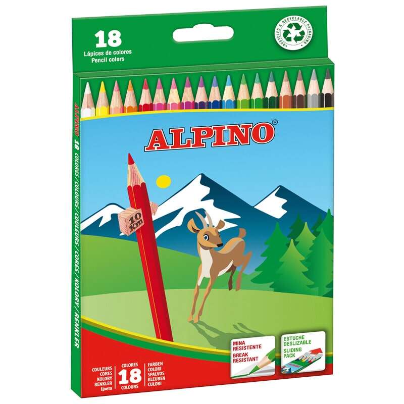 Lot de 18 crayons de couleur Alpino - Mine de 3 mm - Résistants à la casse - Plateau amovible - Co