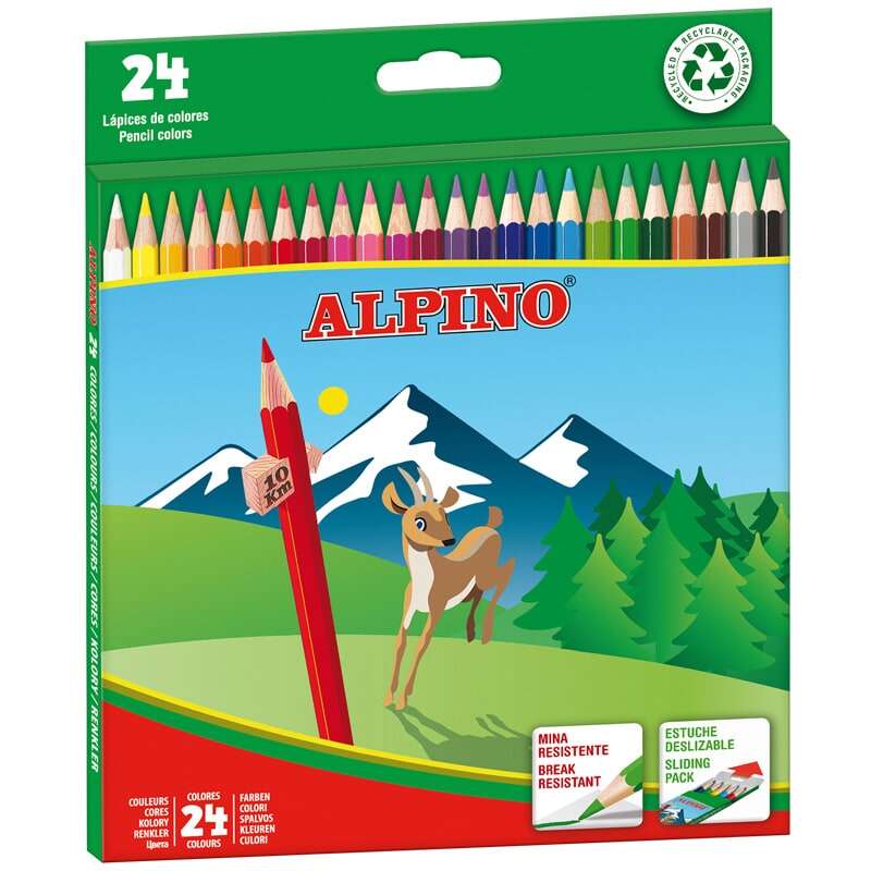 Conjunto de 24 lápis de cor hexagonais Alpino - Mina de 3 mm - Resistentes à quebra - Tabuleiro extra