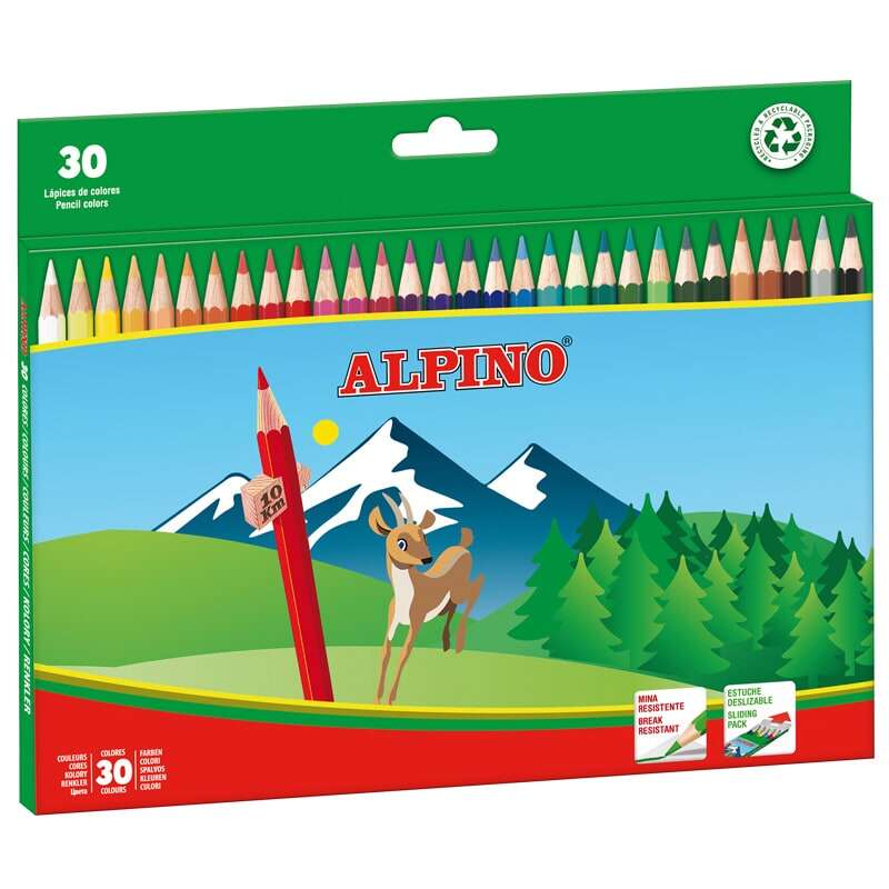 Lot de 30 crayons de couleur créatifs Alpino - Mine de 3 mm - Résistants à la casse - Forme hexagonale