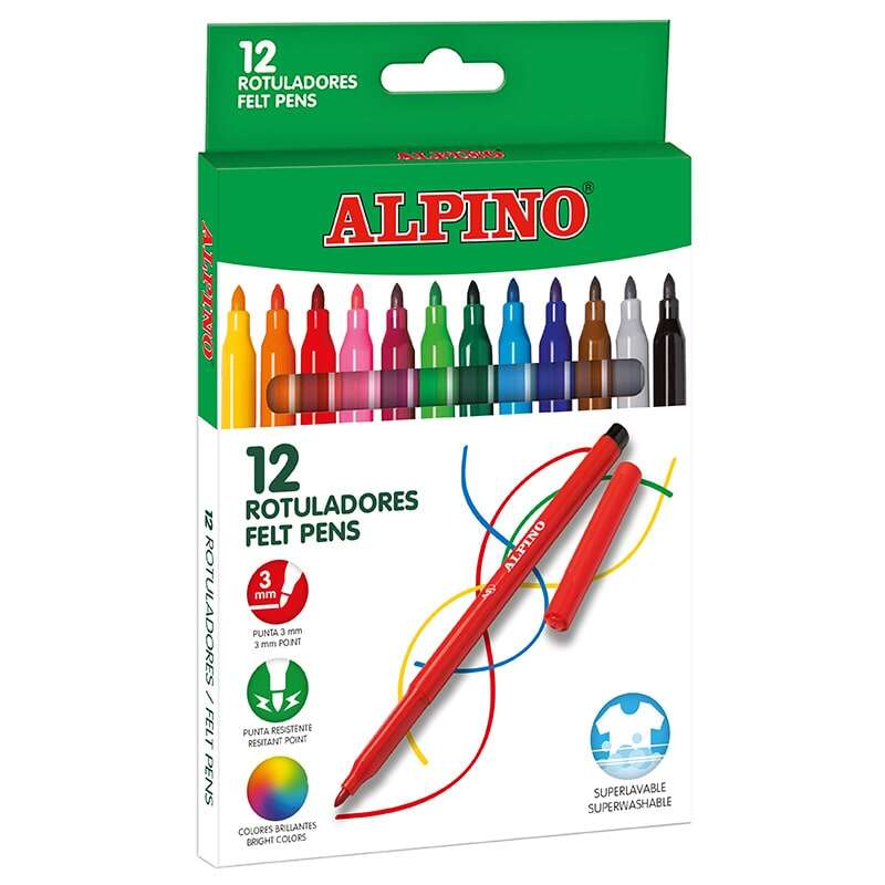 Embalagem de 12 marcadores escolares Alpino - Ponta fina de 3 mm - Super laváveis e com cores vibrantes - Ideais para