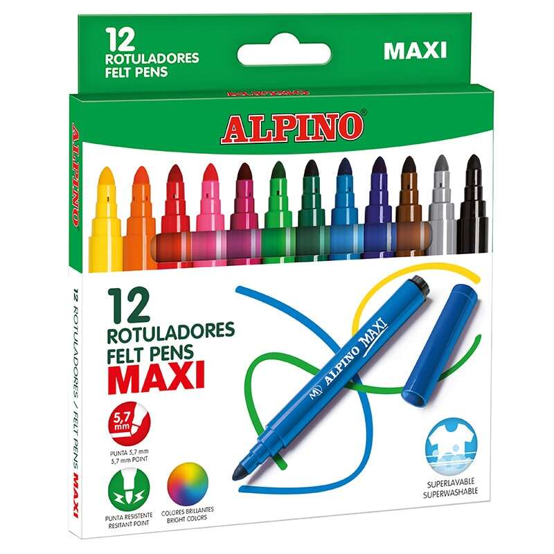 Pack de 12 marcadores Alpino Maxi Thick - Ponta de 6mm - Super laváveis, resistentes e duráveis.