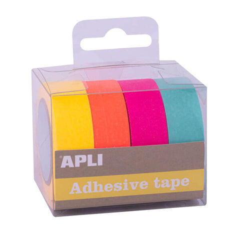 Lot de 4 rubans adhésifs en papier washi Apli Fuor (15 mm x 10 m) - Décoration et loisirs créatifs - Couleurs fluorescentes assorties