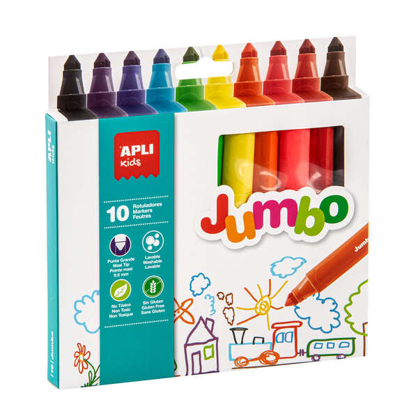 Feutres triangulaires jumbo Apli Kids - Ø 16,7 x 140 mm - Pointe Maxi bloquée Ø 9,6 mm - Colorés