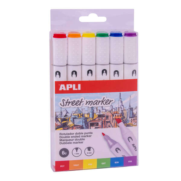 Marqueurs Apli Street Markers à double pointe - Pointes de 1 mm et 6 mm - Encre à base d'alcool - Multicolore