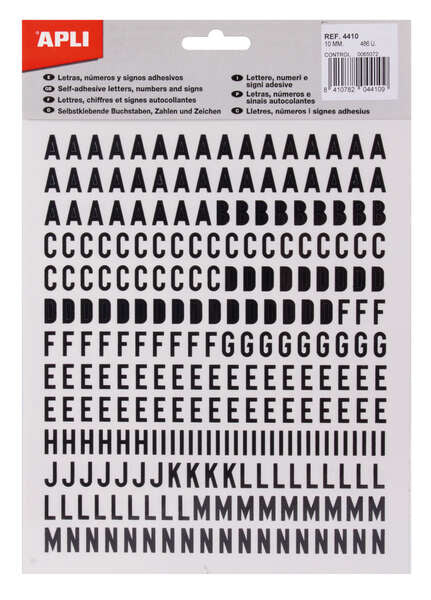 Lettres adhésives majuscules Apli - Hauteur 10 mm - Noir - Lot de 2 feuilles de 486 lettres