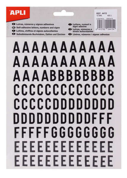 Lettres adhésives Apli - Hauteur 15 mm - Lot de 4 feuilles de 468 lettres - Noir