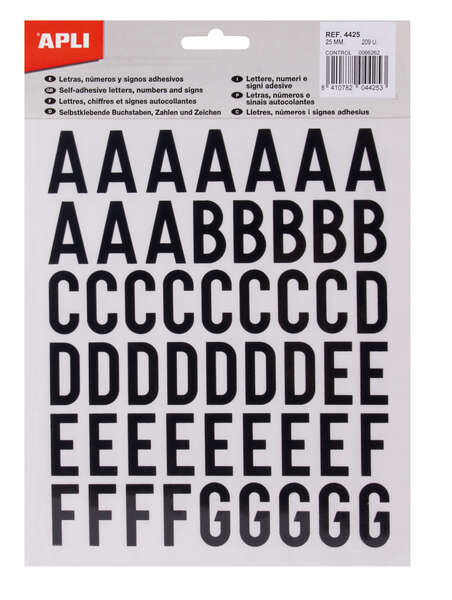 Lettres adhésives Apli - Majuscules - Hauteur 25 mm - Noir - Lot de 4 feuilles de 209 lettres