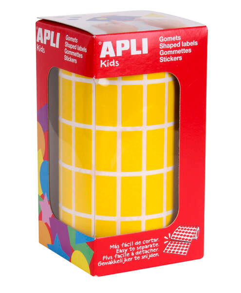 Autocolantes retangulares amarelos Apli - 20x10mm - 59 folhas pré-cortadas - 3540 unidades por rolo - Ideal para escolas e oficinas infantis - Em conformidade com as normas EN-71 e FSC
