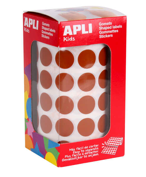 Étiquettes rondes marron permanentes Apli - Ø 15 mm - 59 feuilles prédécoupées - 2832 étiquettes par rouleau - Idéal pour les écoles et les ateliers pour enfants - Conforme aux normes EN-71 et FSC