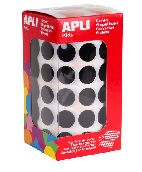 Autocollants ronds Apli Ø 15 mm - 59 feuilles prédécoupées - 2832 autocollants par rouleau - Adhésif à base d'eau - Conforme aux normes EN-71 et FSC (chaîne de contrôle) - Idéal pour les écoles et les ateliers pour enfants