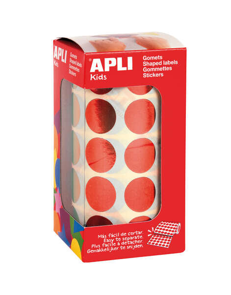 Autocolantes redondos Apli Ø 20mm Vermelho Metalizado - 59 folhas pré-cortadas - 1770 autocolantes por rolo - Ideal para atividades criativas com crianças - Em conformidade com as normas EN-71 e FSC - Adesivo à base de água - Materiais 100% recicláveis